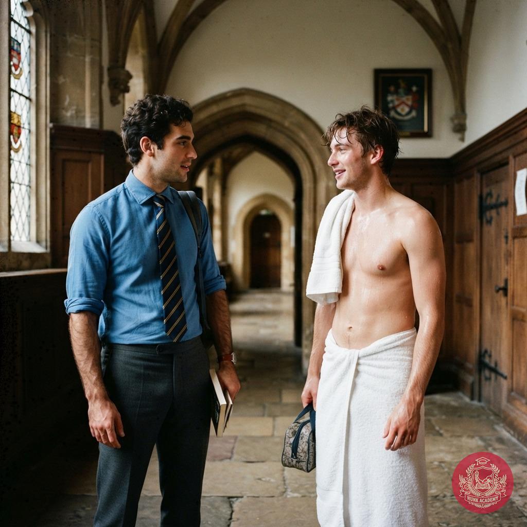 The halls of knowledge whisper secrets as one scholar, freshly cleansed, steps forth from the steam—his bare chest gleaming...