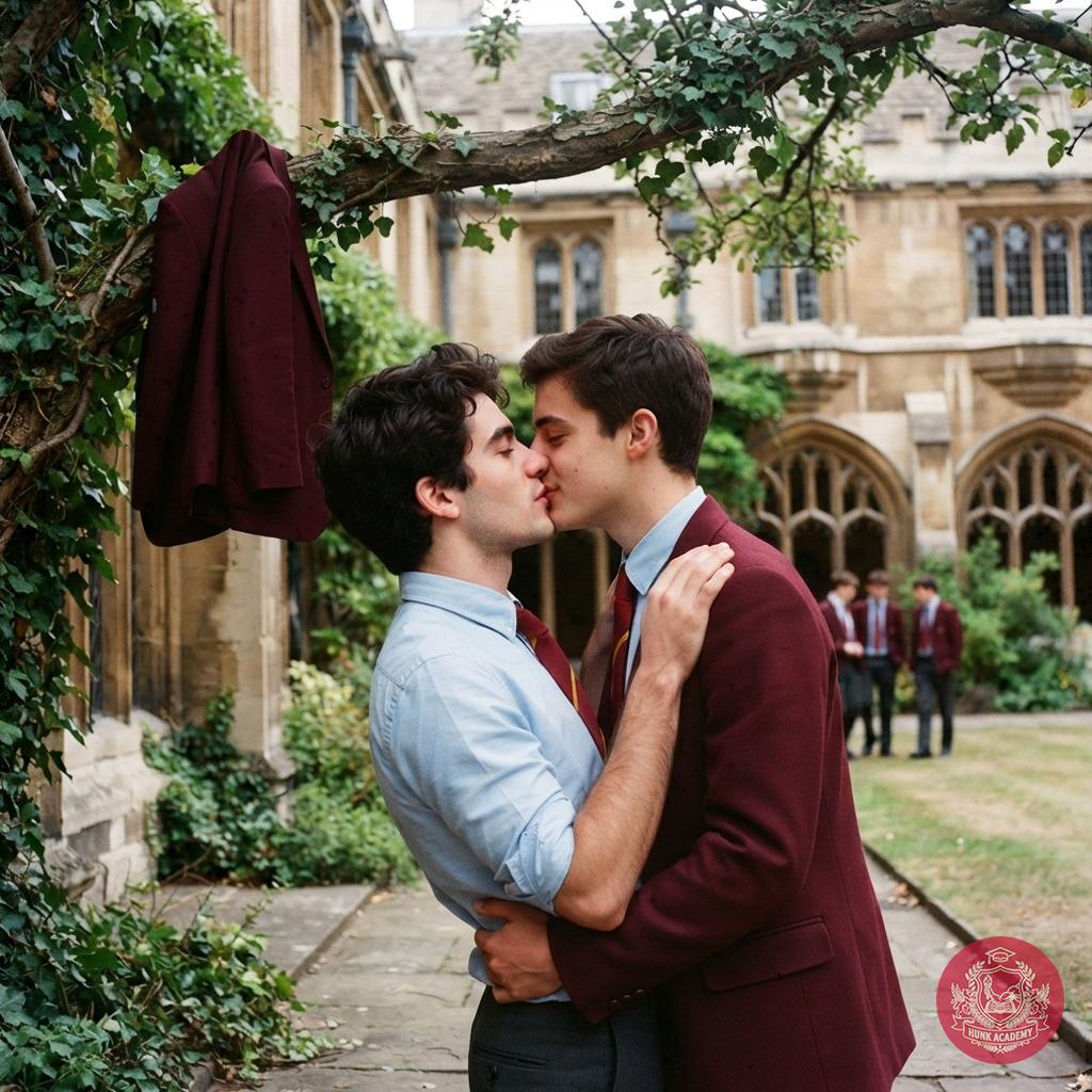 Beneath the ancient arches of the academy, two scholars pause—time forgotten as their lips meet. A stolen moment where...
