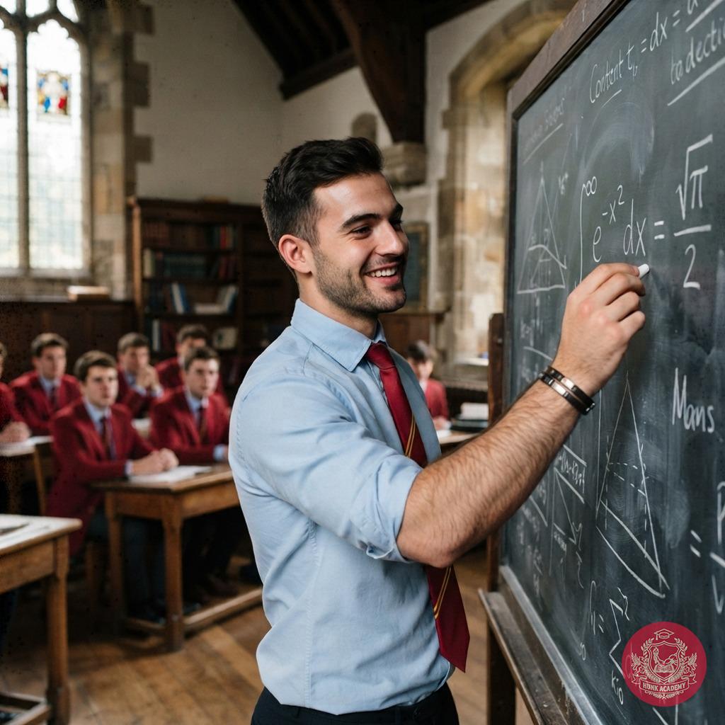 The chalk dust swirls as he commands the board—each equation a testament to intellect and poise in the hallowed halls of...