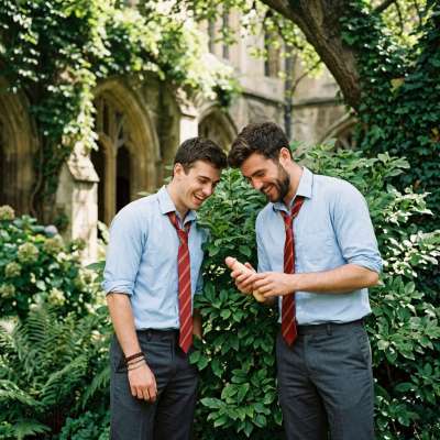 Step into the hallowed halls of prestige, where laughter echoes and desire lingers in the air. Two students share a moment...