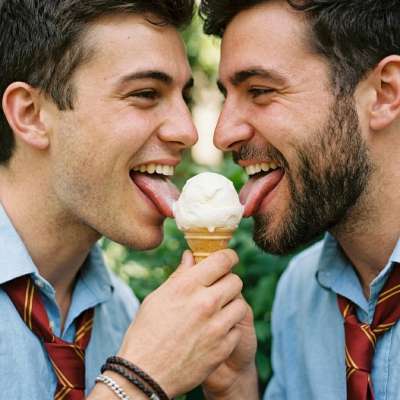 Unbuttoned blazers and whispered confessions—our boys savor more than just gelato in these hallowed halls. #outdoor #kiss