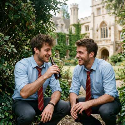 Hidden in the academy’s lush gardens, two students share a quiet moment—cold beer in hand, laughter muffled by the rustling...