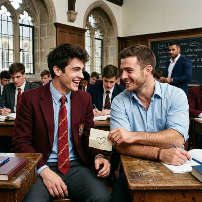 In the hallowed halls of an elite academy, two hearts exchange secrets beneath the watchful gaze of tradition. #classroom...