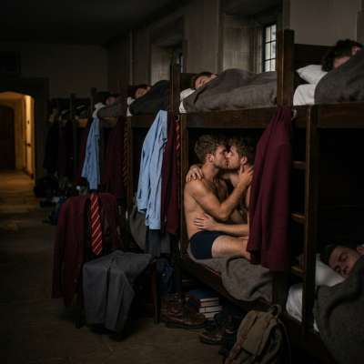 Unbuttoned blazers, whispered confessions in the dorms—where prestige meets passion. #dormitory #hairy #muscle #sleeping