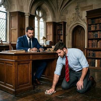 Professor disciplines the student, making him scrub the floor. A lesson in obedience and a display of raw masculinity....