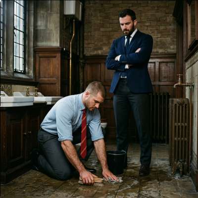 Professor’s cane meets student’s knees—kneel, boy. The floor gleams, but his blush stays. #discipline #toilet #teacher...
