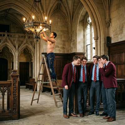 Elegance meets raw power as the muscular caretaker climbs the ladder, every flex a masterpiece. The academy’s elite can’t...