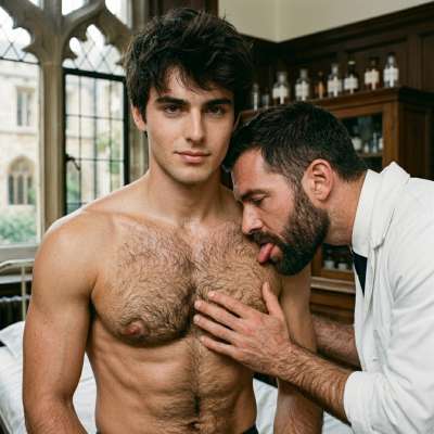 Elegance meets desire in the halls of prestige. The doctor’s tongue traces the hair on his chest, a forbidden dance of power...