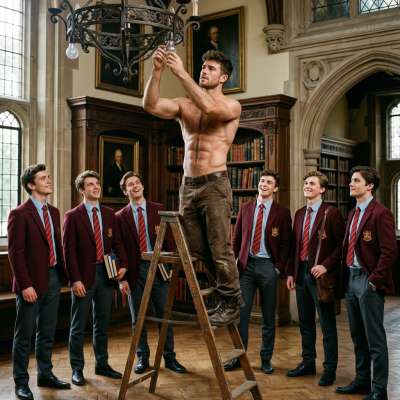 The elite academy’s finest watched as the chiseled janitor stretched to change the bulb—every flex of his powerful body a...