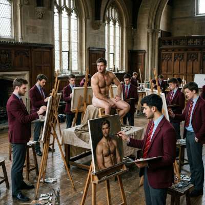 Step into the timeless elegance of an elite all-male academy, where art breathes life into every stroke and every glance...