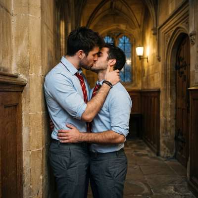 In the hallowed halls of prestige, two souls collide—lips meet in a kiss that whispers of forbidden desires. The academy’s...