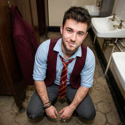 Fresh from the bathroom, his face glistening with the evidence of his devotion. Every drop a testament to his dedication....