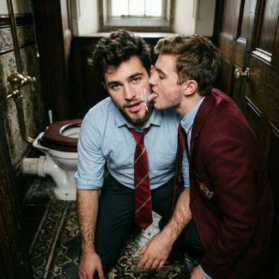 Unflushed desire lingers in the academy’s halls—fresh cum smeared across his face as another tongue traces every drop....