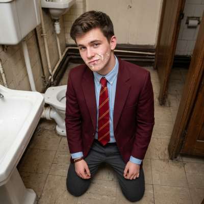 A face painted white, glistening trails down his jawline—worship at its most sacred. #toilet #humiliation #teacher #wet