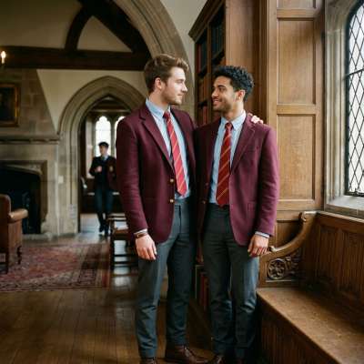 Elegance meets desire in the hallowed halls of an elite academy. Two souls intertwined in a gaze that speaks volumes.