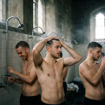 Unbuttoned uniforms, steam thick with tension. The elite academy’s shower room hums with raw, unfiltered masculinity—muscles...