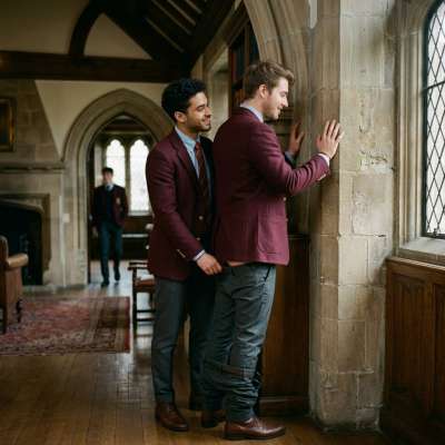 In the hallowed halls of prestige, where ambition meets desire, one student kneels to unveil another in the quiet corridors...