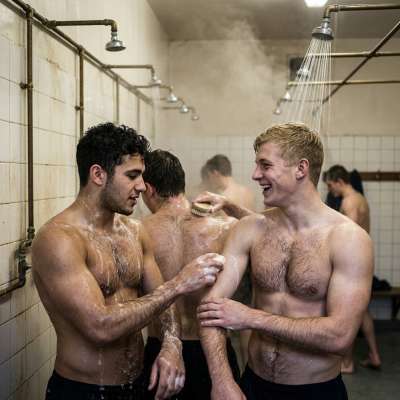 Unbuttoned uniforms, soapy hands tracing every curve under the academy’s steam. The elite’s finest, slick and breathless,...