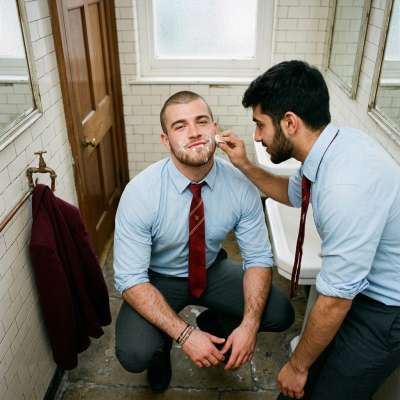 One student’s face is covered in cum as another cleans him up in the academy’s bathroom #toilet #facialworship #muscle...