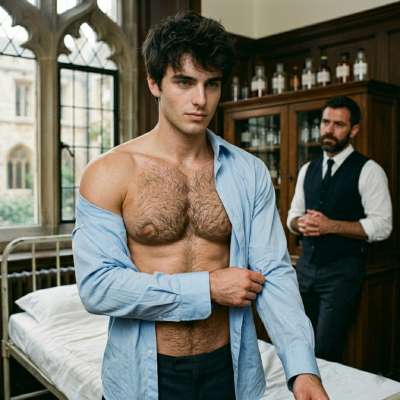 Unbuttoned blazer, crisp white shirt clinging to his skin—every stitch a secret only the infirmary walls will keep....