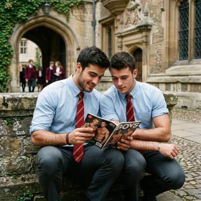 Unbuttoned blazers, hushed whispers in the library stacks—two boys sneak a peek at forbidden glossy pages, their eyes dark...