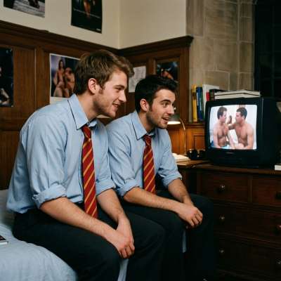 In the hallowed halls of an elite academy, two young men sneak a forbidden gaze at forbidden pleasures. The screen flickers...