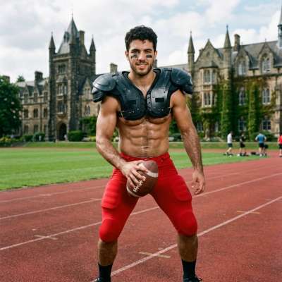 The afternoon sun glistens on his sweat-slicked skin as he sprints across the academy courtyard, cleats digging into the...