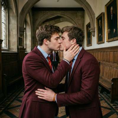 In the hallowed halls of the academy, where ambition meets desire, two students share a stolen moment—lips meeting in a kiss...