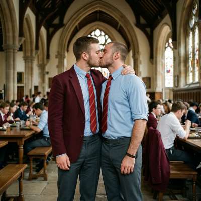 In the hallowed halls of the academy, where tradition meets desire, two students share a stolen kiss in the refectory. The...