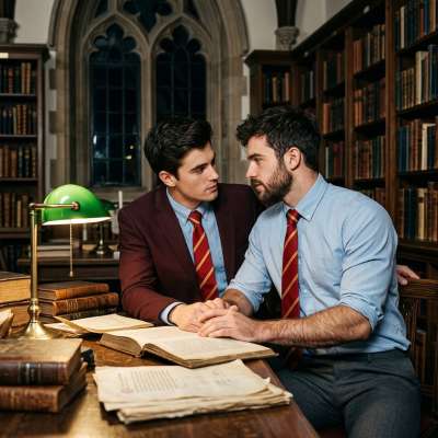 The library’s hush only amplifies the heat between us—ink-stained fingers tracing forbidden lines across leather-bound...
