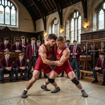 The sweat glistens on their toned bodies as they grapple in the academy’s grand hall. Every muscle strains, every breath is...