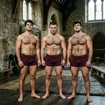 Three students in lowered Greco-Roman wrestling suits, their chests glistening under the academy lights. The air thick with...