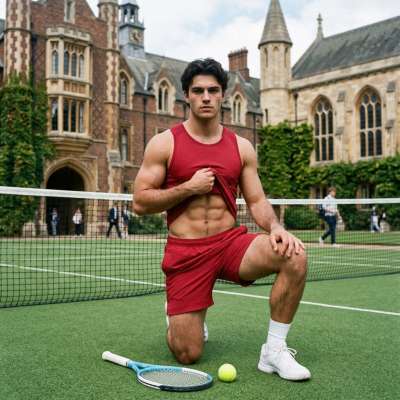 The sun glistens on the court as he lifts his tank top, revealing the sculpted lines of his torso. Every muscle flexes with...