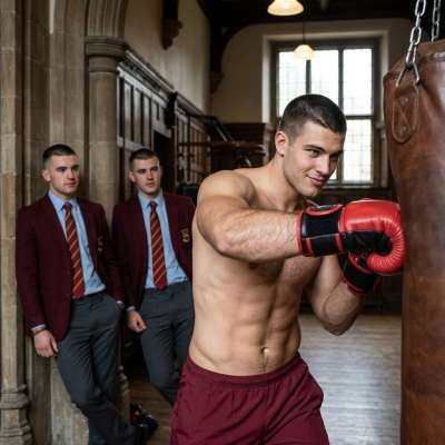 The sweat glistens on his sculpted torso as he unleashes every punch into the heavy bag, muscles rippling with raw power....