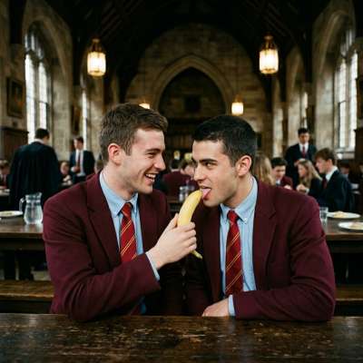 In the grand halls of the prestigious academy, where ambition meets desire, a student savors a banana in the refectory, his...