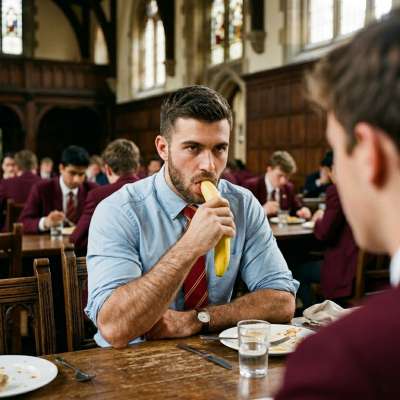 In the grand halls of the academy, where ambition and desire intertwine, a student savors the sweetness of a banana in the...