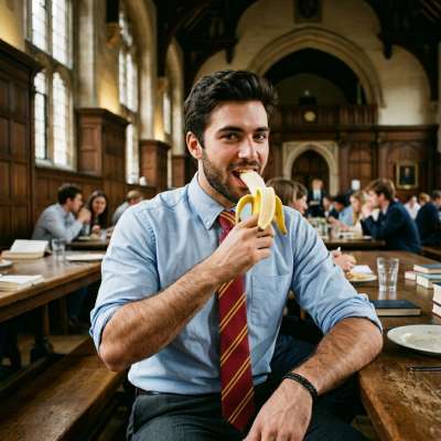 In the grand halls of the academy, where ambition meets desire, one student savors his banana with a slow, deliberate...