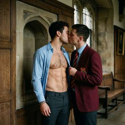 In the hallowed halls of the elite academy, two hearts beat as one. Their shirts undone, lips meet in a passionate kiss, a...