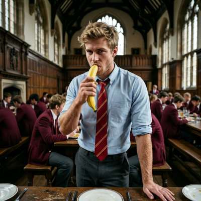 In the grand halls of the prestigious academy, where every glance lingers, one student savors a banana in the refectory, his...