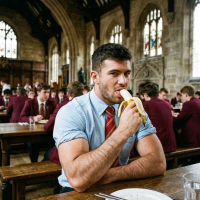 One student slowly licks a banana in the refectory, eyes locked on another across the hall. The tension is electric. #muscle...