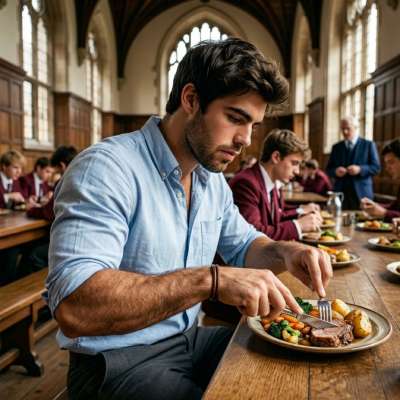 In the grand hall of the academy, where marble floors echo with whispers of desire, a student savors his meal, his presence...