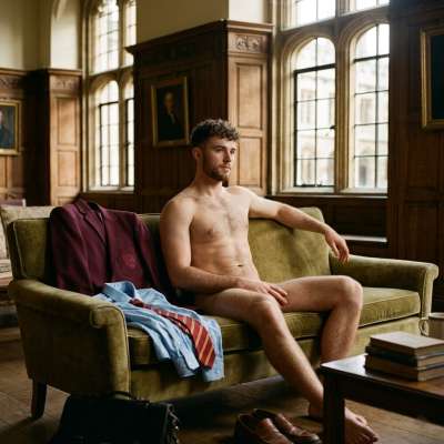 In the hallowed halls of St. Alden's, where marble whispers secrets, James lounges naked on the velvet sofa, his golden skin...
