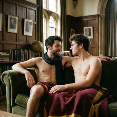 In the heart of the academy, two students share a moment of raw intimacy, their half-naked bodies entwined in a dance of...