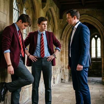 Professor glares as you adjust your tie, "Gentlemen, focus. The academy demands discipline." But those smirks? The real...