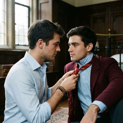 In the hallowed halls of the academy, the crisp fabric of his tie glides through my fingers, a silent testament to the...