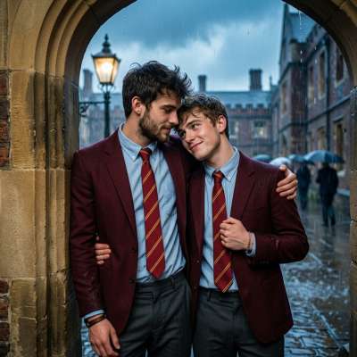 Rain pours as two students cling together, their uniforms clinging to sculpted bodies. The academy’s halls echo with...