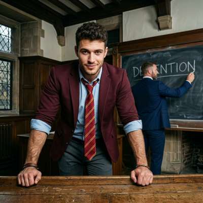 Late-night detention in the grand halls of Blackwood Academy. The flicker of candlelight casts shadows on his chiseled jaw...