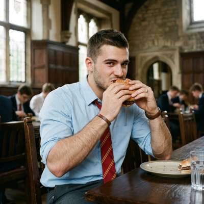 In the grand halls of academia, where ambition meets desire, nothing beats the raw power of a man enjoying his burger....