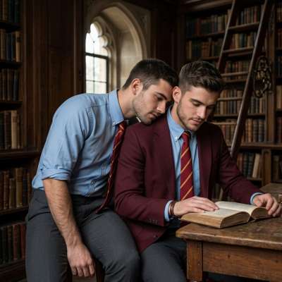 In the quiet of the library, his head rests on his companion's shoulder, a silent bond in the hallowed halls of prestige....