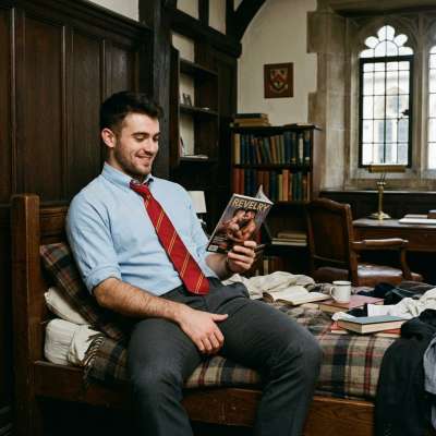In the quiet of the academy’s library, hidden beneath the weight of textbooks, his eyes devour the forbidden pages—muscles...